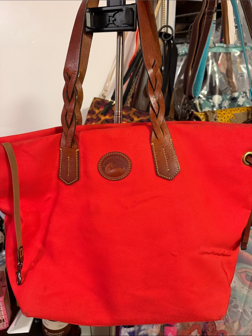 PROJECT-Dooney & Bourke Bright Red Canvas Tote with Braided Brown Leather Handle